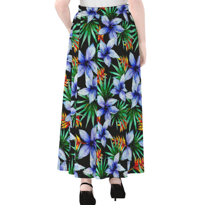 Blue Hawaiian Wildflowers Pattern Print Chiffon Maxi Skirt