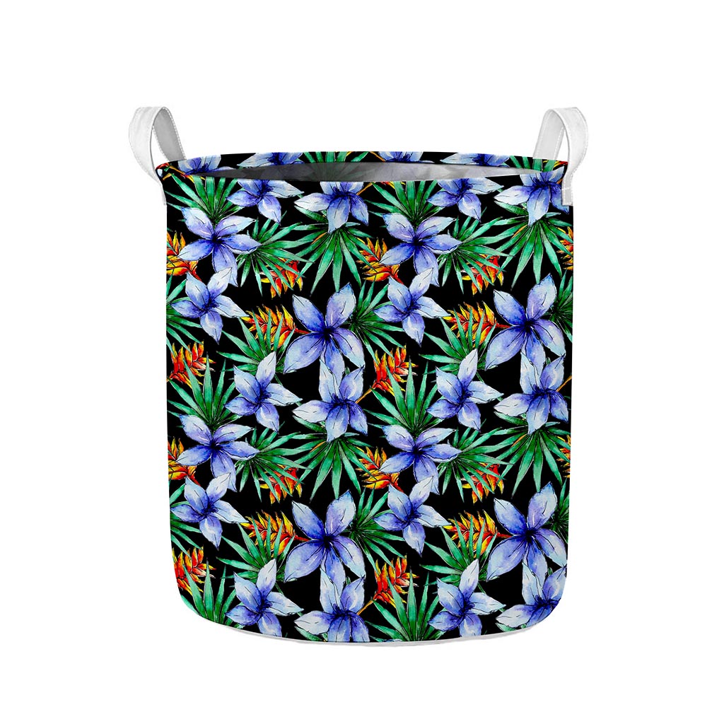 Blue Hawaiian Wildflowers Pattern Print Collapsible Laundry Basket