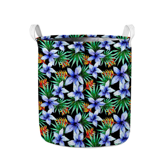 Blue Hawaiian Wildflowers Pattern Print Collapsible Laundry Basket