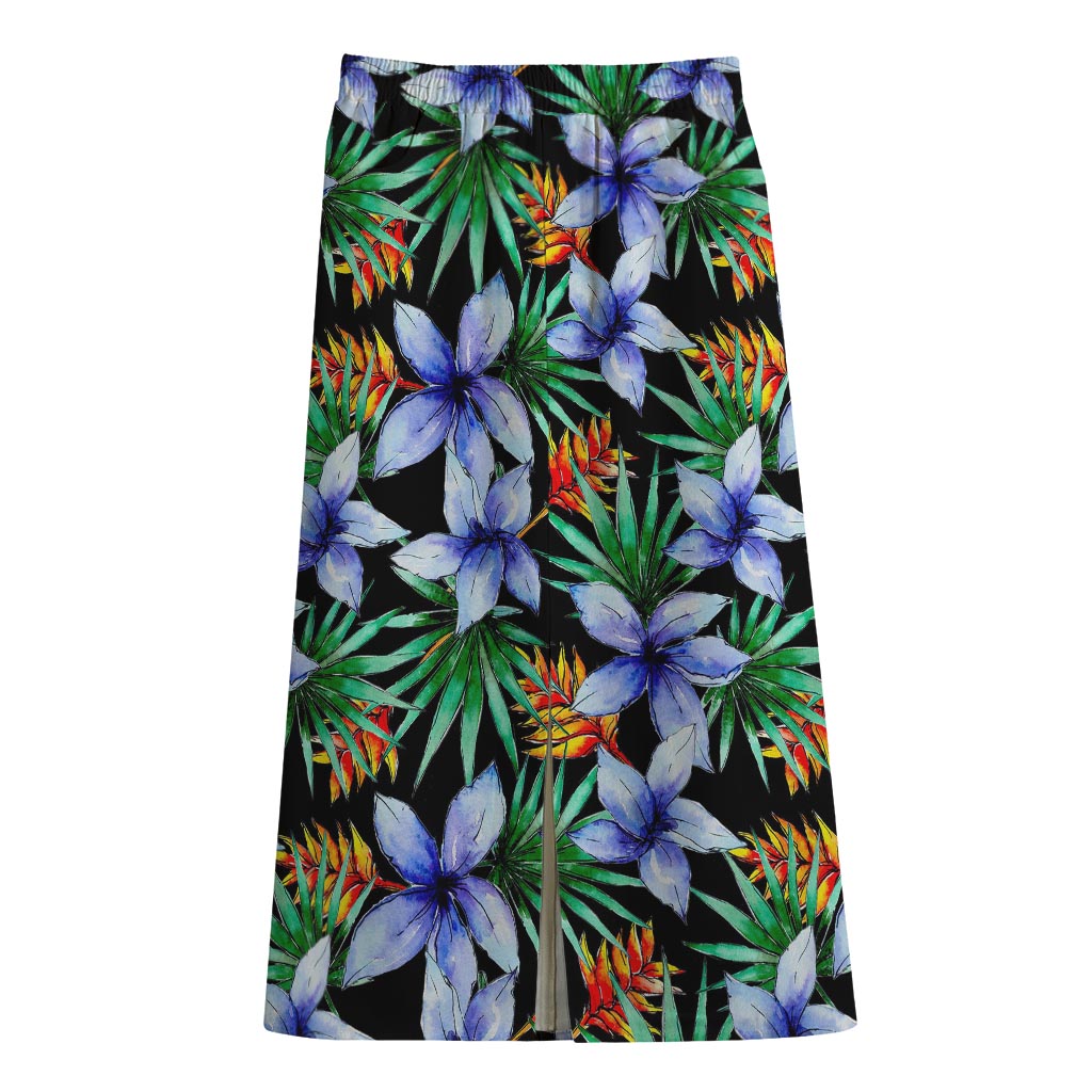 Blue Hawaiian Wildflowers Pattern Print Cotton Front Slit Maxi Skirt