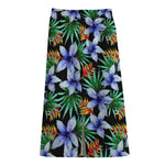 Blue Hawaiian Wildflowers Pattern Print Cotton Front Slit Maxi Skirt