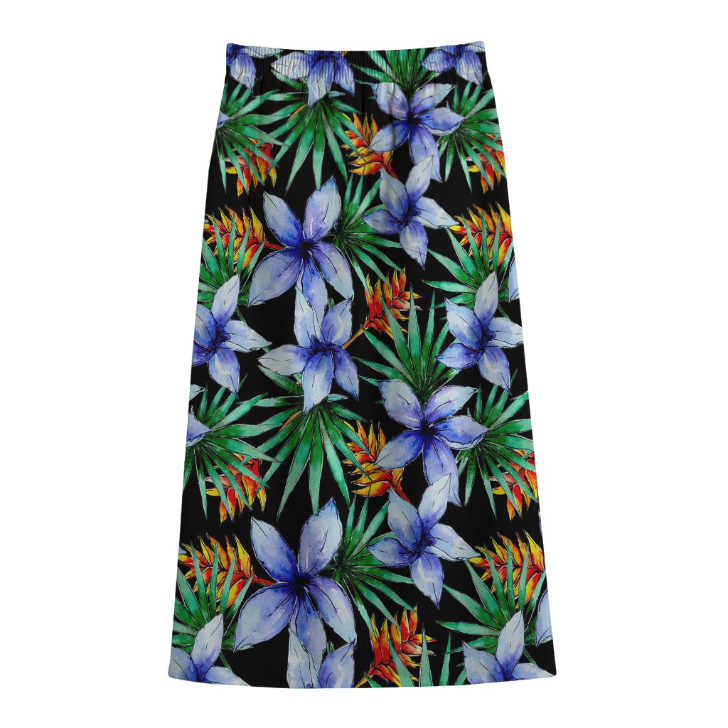 Blue Hawaiian Wildflowers Pattern Print Cotton Front Slit Maxi Skirt