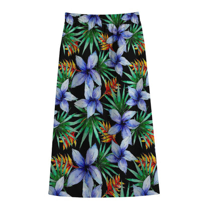 Blue Hawaiian Wildflowers Pattern Print Cotton Front Slit Maxi Skirt