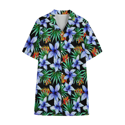 Blue Hawaiian Wildflowers Pattern Print Cotton Hawaiian Shirt