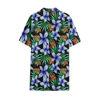Blue Hawaiian Wildflowers Pattern Print Cotton Hawaiian Shirt