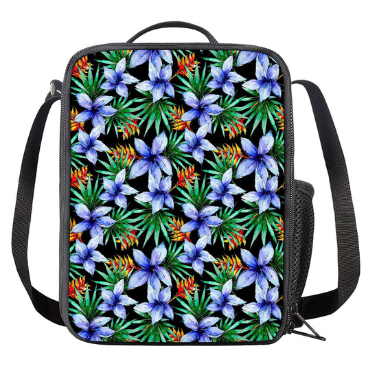 Blue Hawaiian Wildflowers Pattern Print Crossbody Lunch Bag