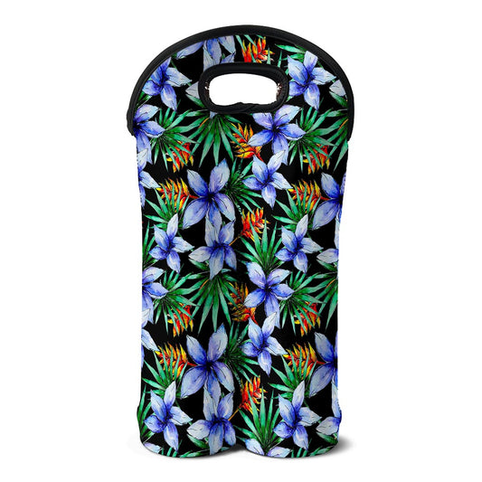 Blue Hawaiian Wildflowers Pattern Print Double Neoprene Wine Tote
