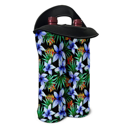 Blue Hawaiian Wildflowers Pattern Print Double Neoprene Wine Tote