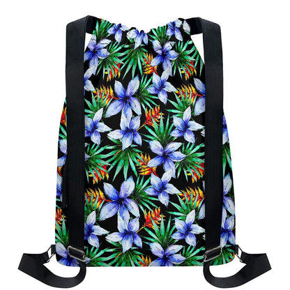 Blue Hawaiian Wildflowers Pattern Print Drawstring Backpack