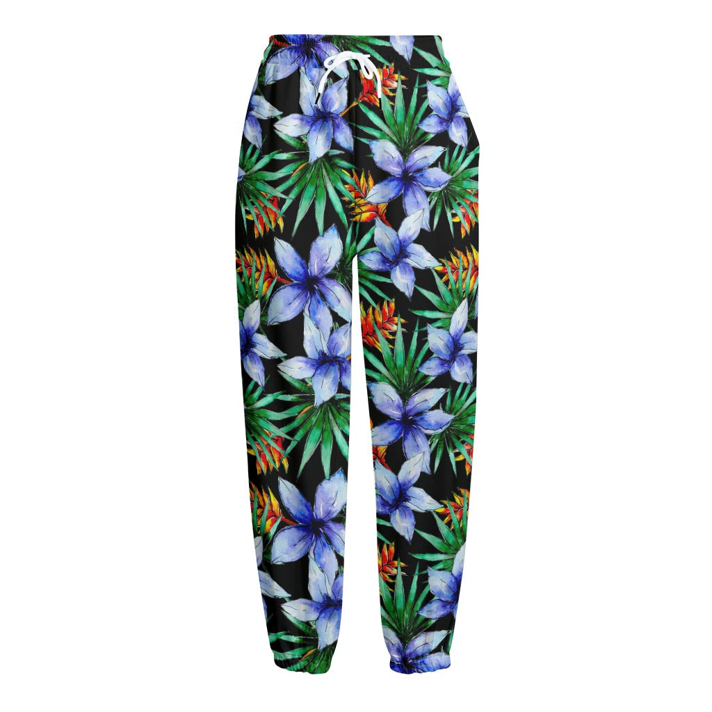 Blue Hawaiian Wildflowers Pattern Print Fleece Lined Knit Pants