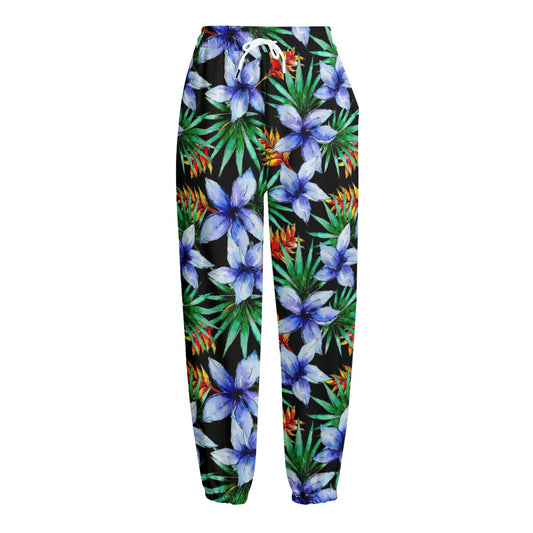 Blue Hawaiian Wildflowers Pattern Print Fleece Lined Knit Pants