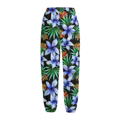 Blue Hawaiian Wildflowers Pattern Print Fleece Lined Knit Pants
