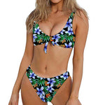 Blue Hawaiian Wildflowers Pattern Print Front Bow Tie Bikini