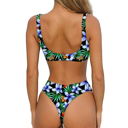 Blue Hawaiian Wildflowers Pattern Print Front Bow Tie Bikini