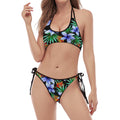Blue Hawaiian Wildflowers Pattern Print Halter Scoop Tie Side Bikini