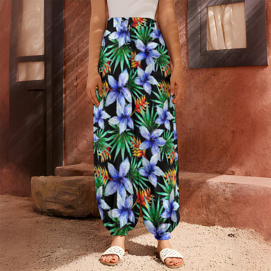 Blue Hawaiian Wildflowers Pattern Print Harem Pants