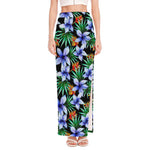 Blue Hawaiian Wildflowers Pattern Print High Slit Maxi Skirt