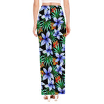 Blue Hawaiian Wildflowers Pattern Print High Slit Maxi Skirt