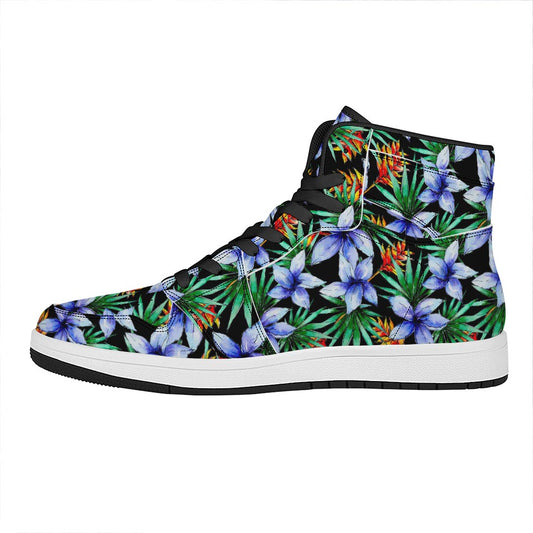 Blue Hawaiian Wildflowers Pattern Print High Top Leather Sneakers