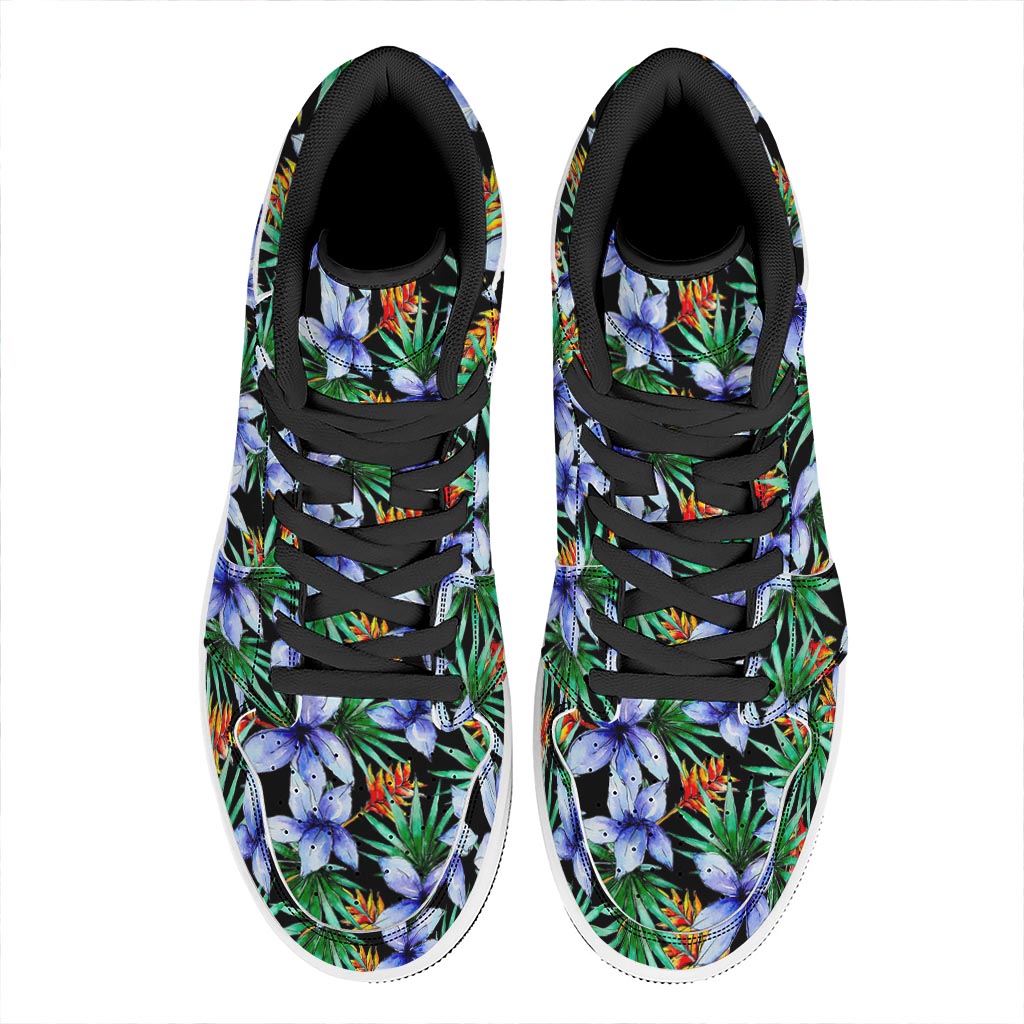 Blue Hawaiian Wildflowers Pattern Print High Top Leather Sneakers