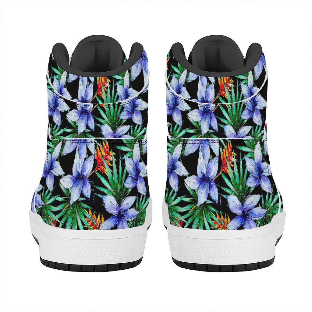 Blue Hawaiian Wildflowers Pattern Print High Top Leather Sneakers