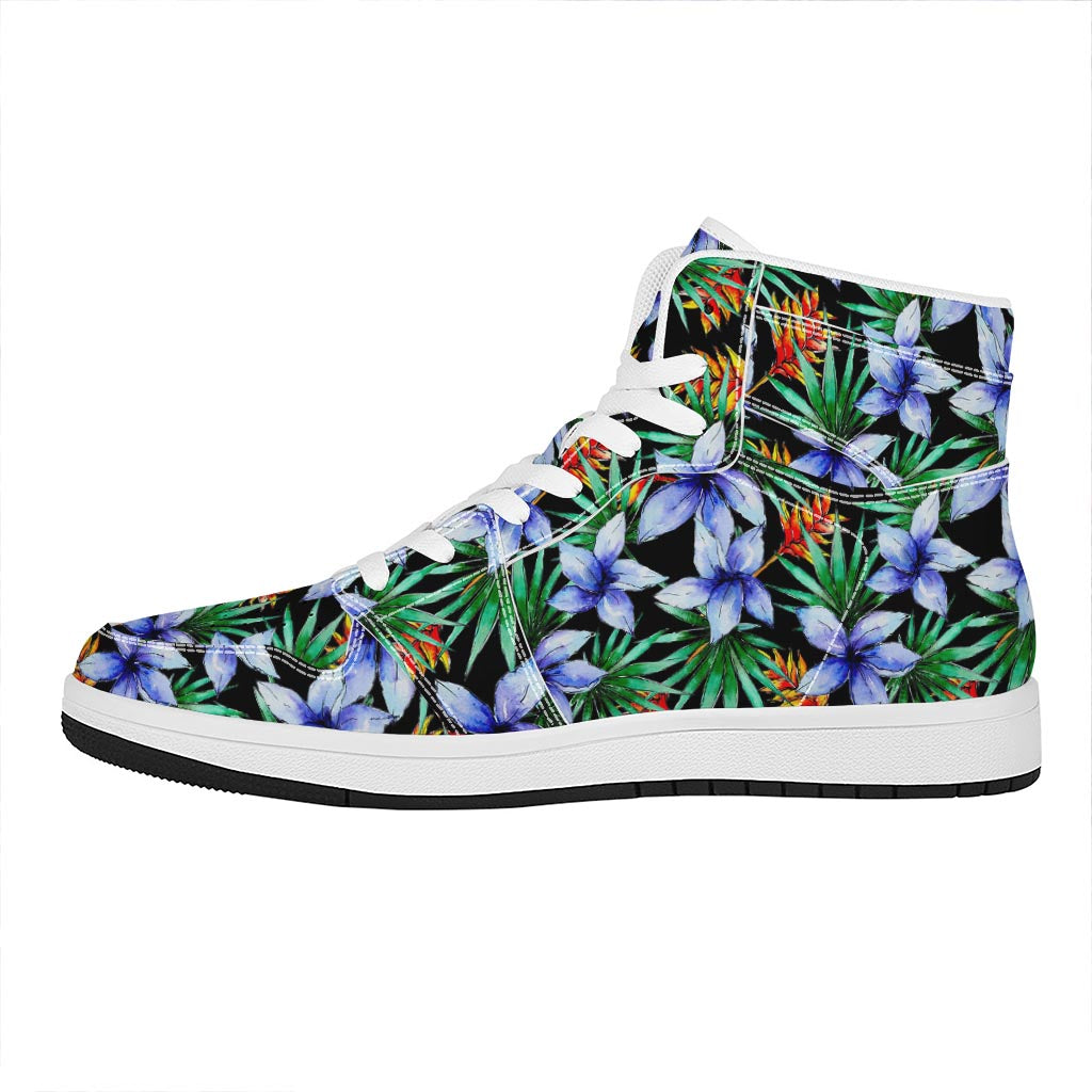 Blue Hawaiian Wildflowers Pattern Print High Top Leather Sneakers