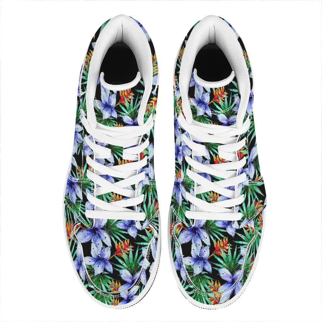 Blue Hawaiian Wildflowers Pattern Print High Top Leather Sneakers