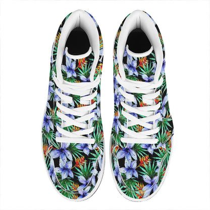 Blue Hawaiian Wildflowers Pattern Print High Top Leather Sneakers