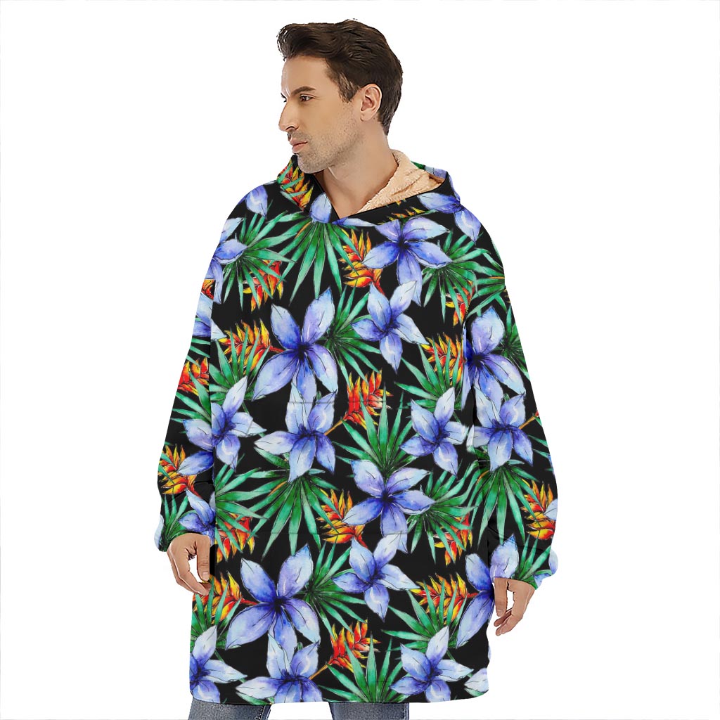 Blue Hawaiian Wildflowers Pattern Print Hoodie Blanket