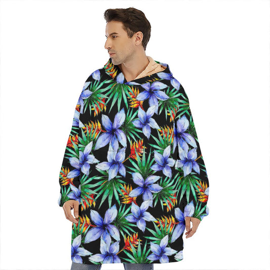 Blue Hawaiian Wildflowers Pattern Print Hoodie Blanket
