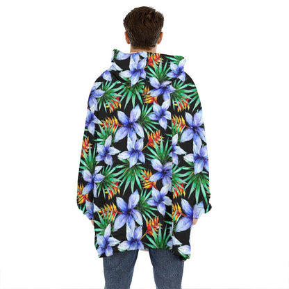 Blue Hawaiian Wildflowers Pattern Print Hoodie Blanket