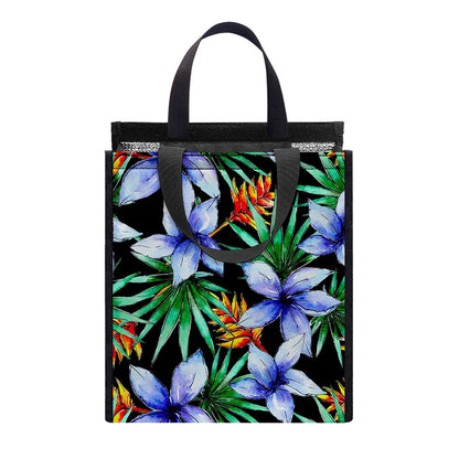Blue Hawaiian Wildflowers Pattern Print Insulated Lunch Tote