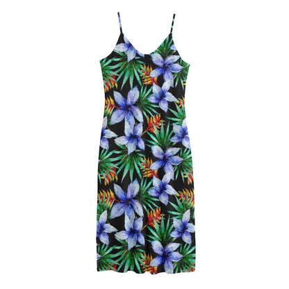 Blue Hawaiian Wildflowers Pattern Print Jersey Midi Cami Dress