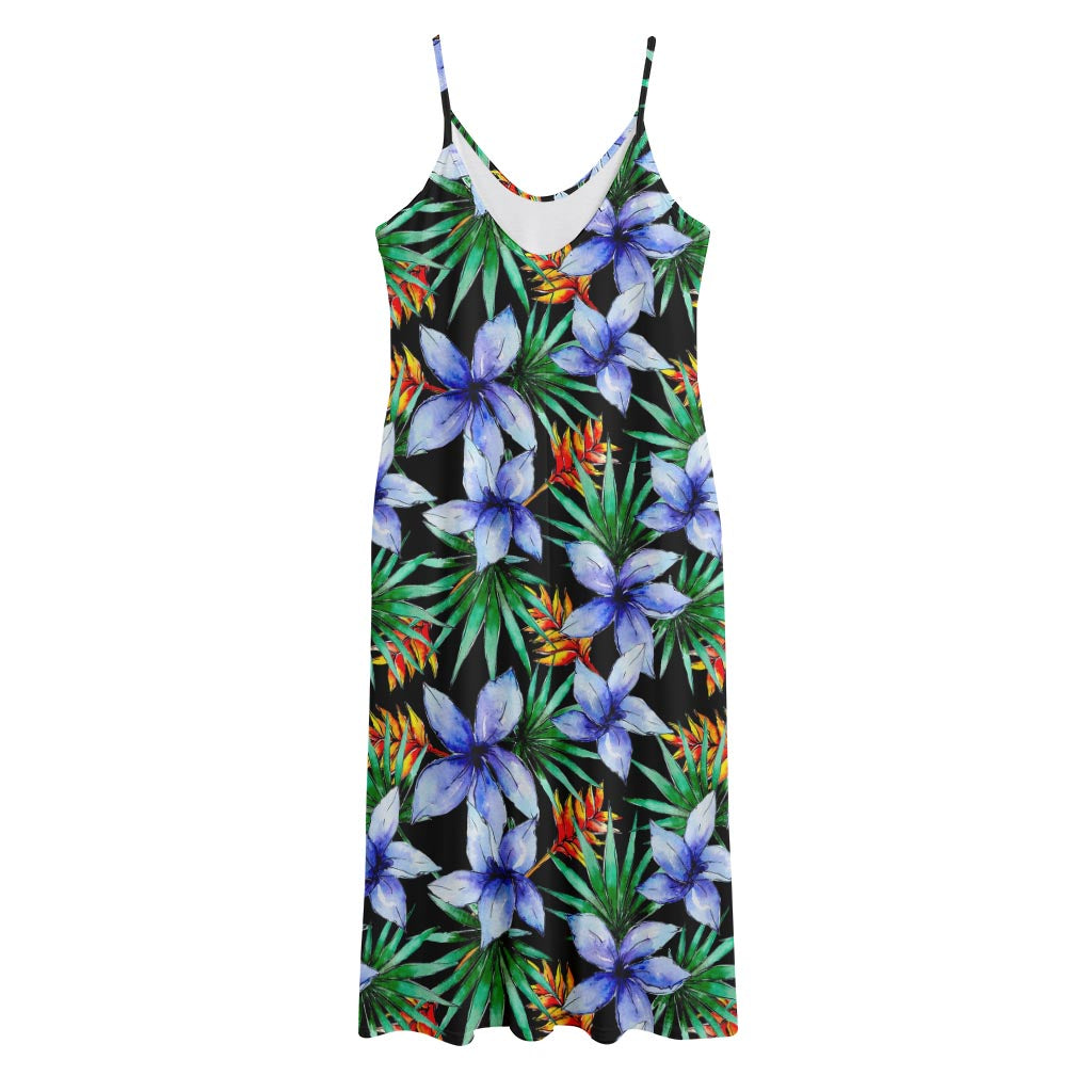 Blue Hawaiian Wildflowers Pattern Print Jersey Midi Cami Dress