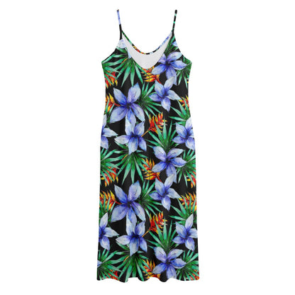 Blue Hawaiian Wildflowers Pattern Print Jersey Midi Cami Dress