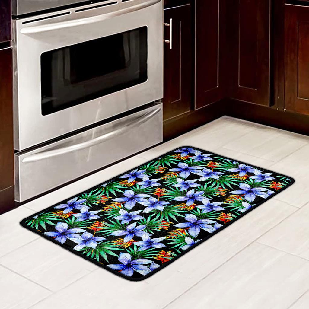 Blue Hawaiian Wildflowers Pattern Print Kitchen Mat