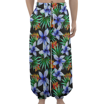 Blue Hawaiian Wildflowers Pattern Print Lantern Pants