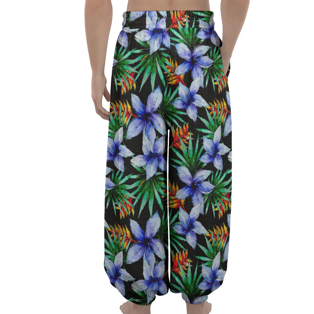Blue Hawaiian Wildflowers Pattern Print Lantern Pants