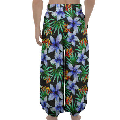 Blue Hawaiian Wildflowers Pattern Print Lantern Pants