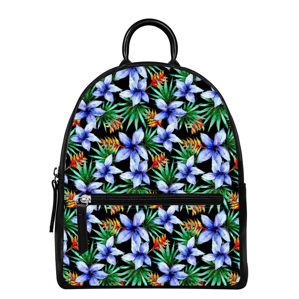 Blue Hawaiian Wildflowers Pattern Print Leather Backpack