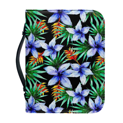 Blue Hawaiian Wildflowers Pattern Print Leather Bible Cover