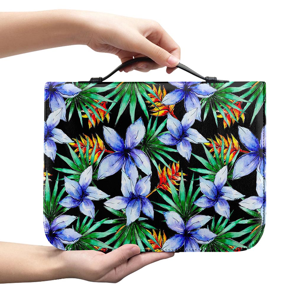 Blue Hawaiian Wildflowers Pattern Print Leather Bible Cover