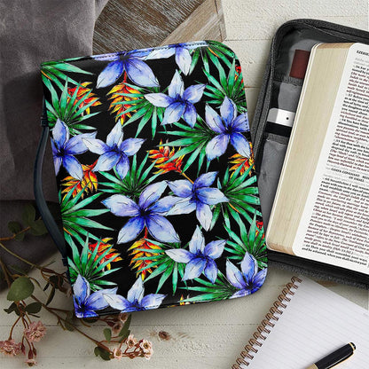 Blue Hawaiian Wildflowers Pattern Print Leather Bible Cover