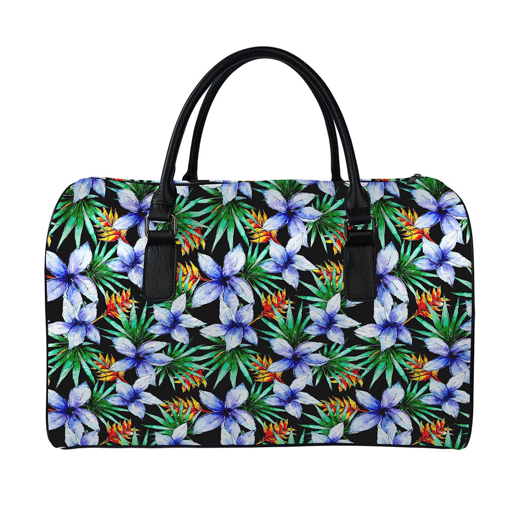 Blue Hawaiian Wildflowers Pattern Print Leather Duffle Bag