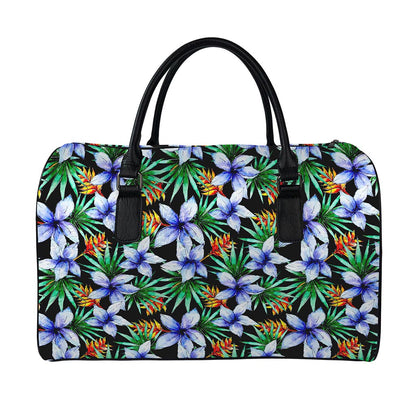 Blue Hawaiian Wildflowers Pattern Print Leather Duffle Bag