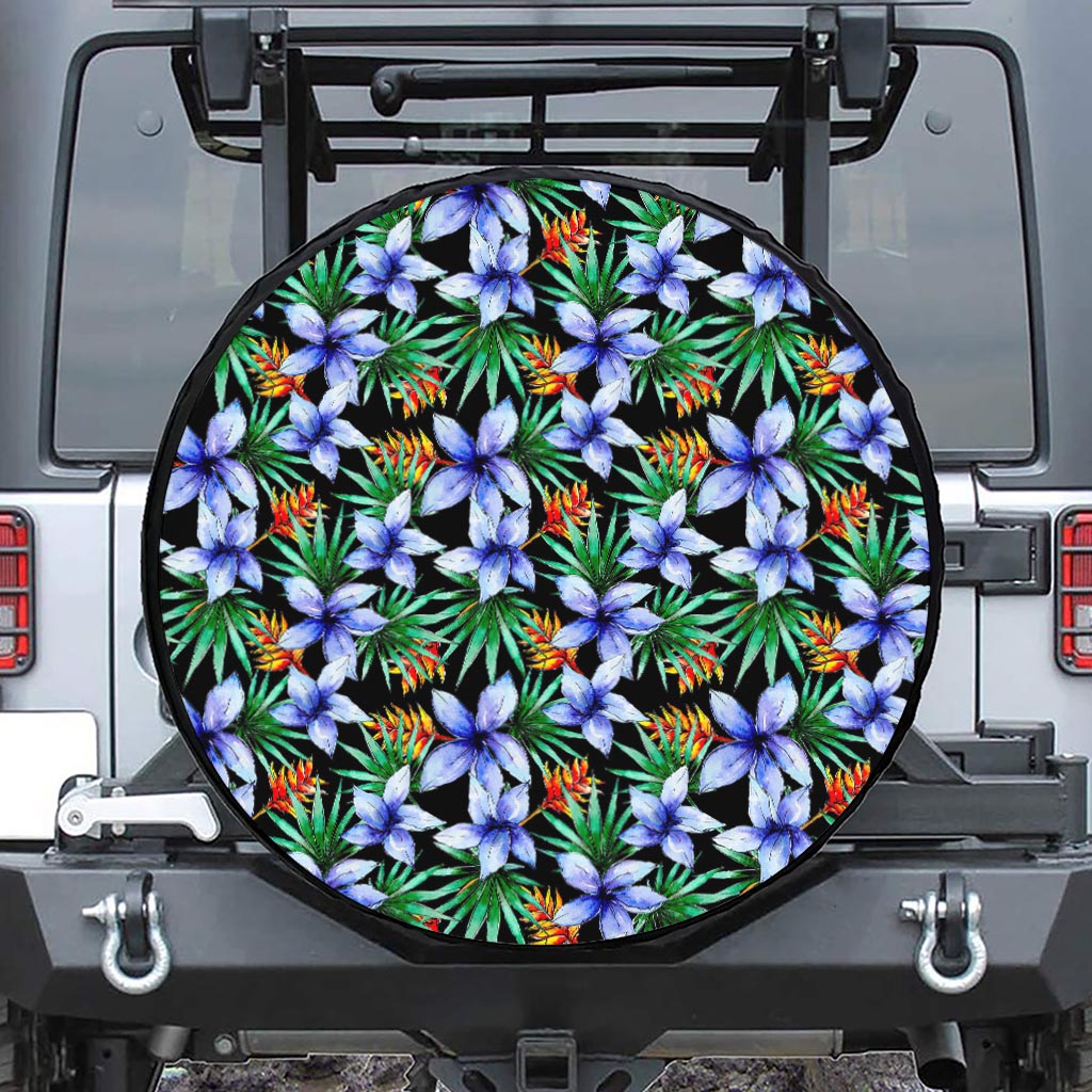 Blue Hawaiian Wildflowers Pattern Print Leather Spare Tire Cover