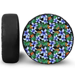 Blue Hawaiian Wildflowers Pattern Print Leather Spare Tire Cover