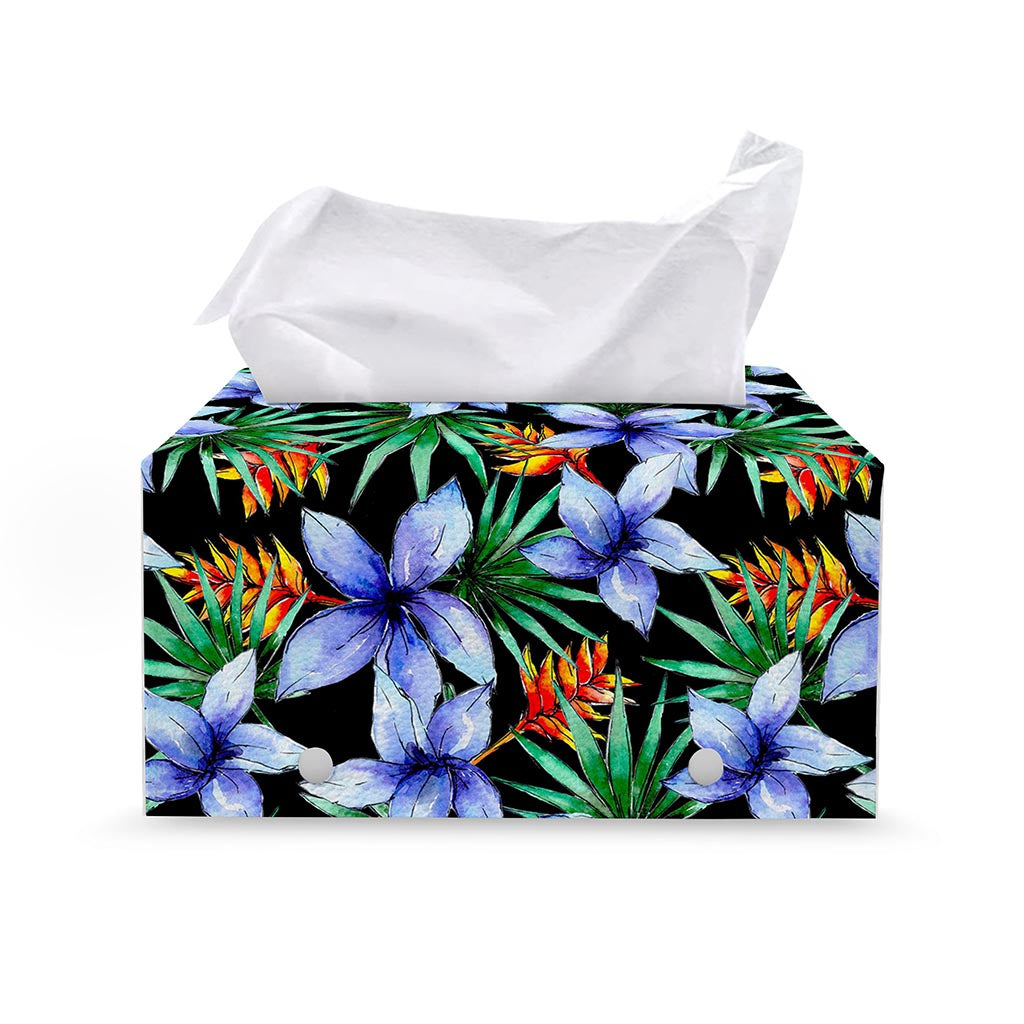 Blue Hawaiian Wildflowers Pattern Print Leather Tissue Box Cover