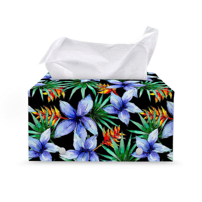 Blue Hawaiian Wildflowers Pattern Print Leather Tissue Box Cover