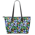 Blue Hawaiian Wildflowers Pattern Print Leather Tote Bag With Zipper